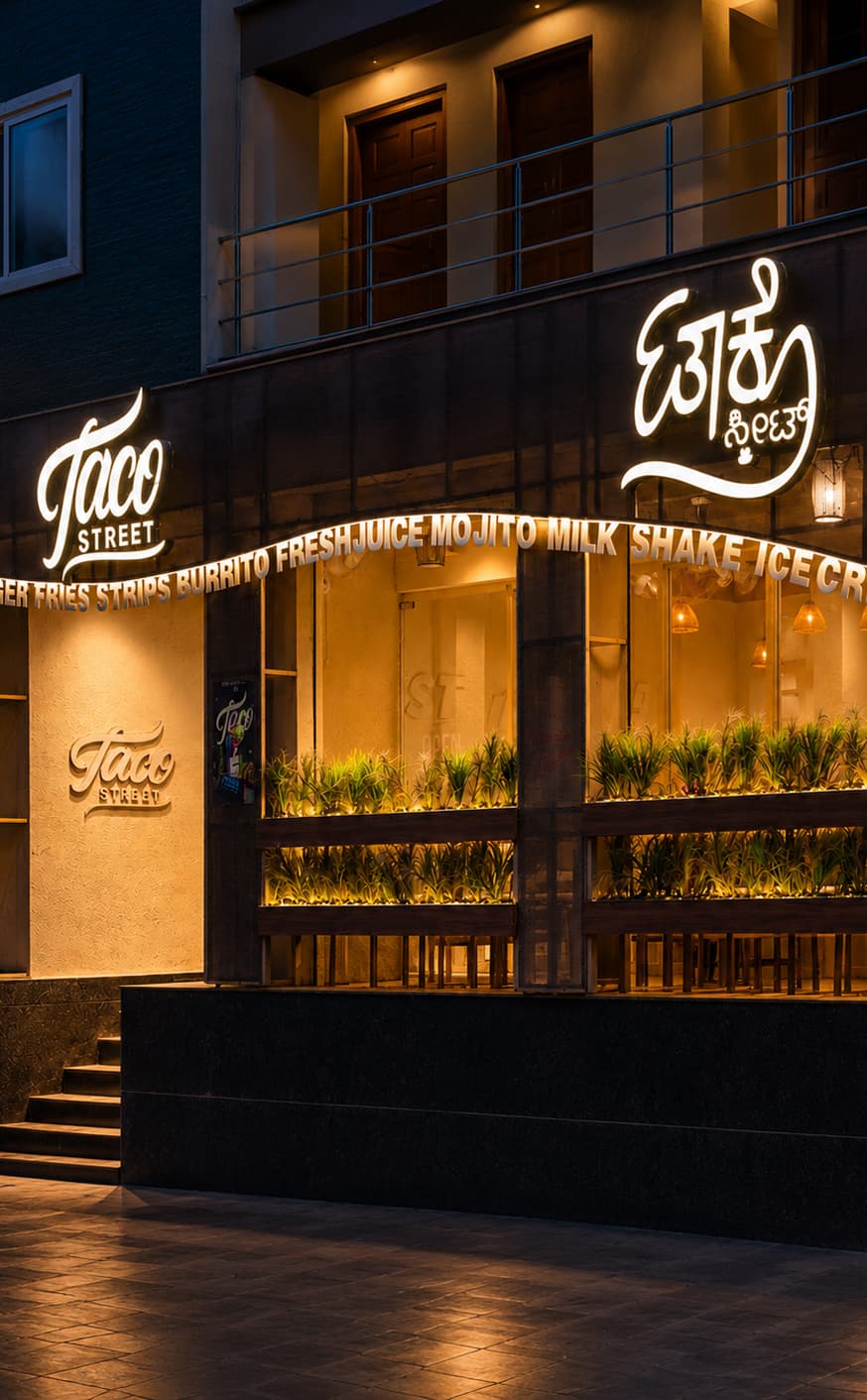 A vibrant restaurant featuring colorful walls and tables, creating a lively and inviting dining atmosphere.